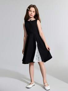 Maija Kids Maija Kids 少女黑色撞色蕾丝无袖优雅连衣裙 - 黑與白 - 查看 5