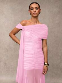 SHEIN BAE Women's Solid Color Off-Shoulder Ruched Tie Design Mesh Patchwork Elegant Cinched Waist Dress For Party - Baby Pink - View 5