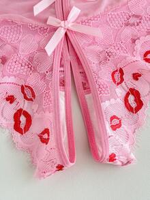 SHEIN Bộ đồ lót ren phối nơ không đáy 2 món dành cho ngày Valentine, nội y gợi cảm cho nữ. - Hồng - Xem 5