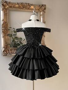 Lovelzi Elegant Pink Sequin Fabric Satin Patchwork 3D Floral Decor Bodycon Short Skirt, Party Dress,Wedding Guest Cocktail Single Ball Gown Banquet - Black - View 3