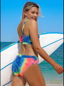 Swim SPRTY Women's Summer Beach Tie-Dye Spaghetti Strap Fashionable Bikini Swimwear Set, Carnival, Colorful Bikini Set, Rainbow Bathing Suit Tie Dye Bikini Two Pieces Set Women Multicolor Rainbow Bikini Y2k Spring To Summer Beach 2 Pieces Set - Multicolor - View 2