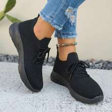 Mujer Zapatillas Deportivas De Tejido De Punto Transpirable Con Cordones Suela Gruesa Negra - Negro - Ver 4