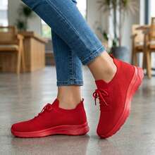 Mujer Zapatillas Deportivas De Tejido De Punto Transpirable Con Cordones Suela Gruesa Rojos - Rojo - Ver 5