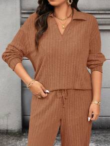 Calvaya Conjunto informal de 2 piezas de camiseta de manga larga con hombros caídos y pantalones de unicolor para mujer de talla grande - Mostaza Amarilla - Ver 8