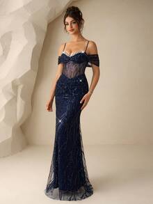 Coutiva 女士串珠网纱拼接亮片装饰正式晚礼服 - 寶藍色 - 查看 5