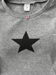 Teen Girls Solid Color Star Pattern Pleated Camisole, Suitable For Casual Wear, Winter Cute Tops - Light Grey - View 5