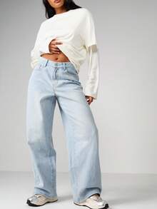 MISSGUIDED Quần jean ống rộng cạp trung bình, dáng thoải mái, kiểu vintage, chất liệu denim mài nhẹ, thích hợp mặc hàng ngày vào mùa xuân, hè, thu đông. - Rửa nhẹ - Xem 1