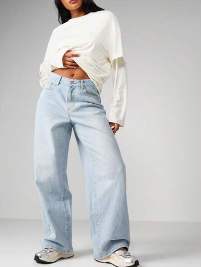 MISSGUIDED 中腰宽松阔腿复古水洗休闲牛仔裤，舒适百搭，适合春夏秋冬穿着。