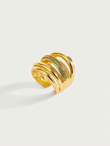 Glisma 18K镀金单颗珍珠/珍珠母贝金属镶钻开口戒指，优雅、可爱、奢华，适合派对、休闲、音乐会/节日、夜店、婚礼、假日、度假、露营等场合，也适合送给妈妈、女性、女孩等，展现Y2K风格，性感、高贵，适合夏季、海滩、舞会等场合，多层设计，宝石/串珠/水晶，魅力十足，粗犷大气。 - 金-綠色 - 查看 2