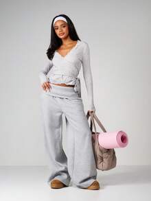 MISSGUIDED Heather Grey Wrap Long Sleeve Top With White Lace Trim Detail Ribbed Knit Casual Blouse For Fall Winter Layering - Light Grey - View 5