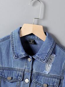 Conjunto de camisa de manga corta y pantalones cortos de mezclilla para niños preadolescentes (2 piezas) - Azul lavado medio - Ver 3