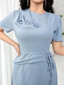Feyla Women's Elegant Dusty Blue Summer Midi Dress,Round Neck Short Sleeve Waist Tie Cinched Design,Perfect For Garden Party,Vacation And Baby Blue Events - Blue - View 6