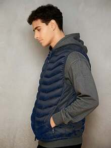 Chaqueta acolchada de algodón chaleco sin mangas para hombres 2025, cuello de pie, chaqueta a prueba de viento y calor en otoño e invierno, disponible en varios colores, negro, gris, tibetano, moda joven en la calle, bolsillo con cremallera, Corte tridimensional, fácil de usar, trabajo se puede usar - Azul Marino - Ver 5