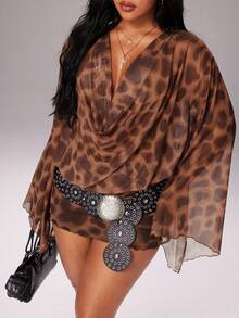 Rustia Lässiges, elegantes, sexy Mesh-Durchsichtig-Partykleid mit Leopardenmuster, figurbetont, geeignet für Herbst, Winter, Frühling