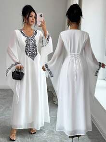 Elenzga Chic Women's White Fabric Long Dress With Geometric Pattern V-Neck And Elegant Cloak Sleeves - White - View 1
