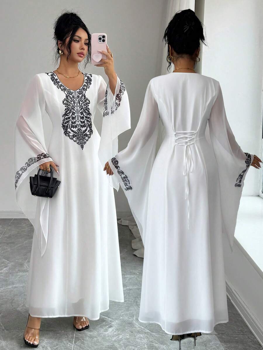 Elenzga Chic Women's White Fabric Long Dress With Geometric Pattern V-Neck And Elegant Cloak Sleeves - White - View 1