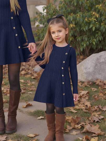 SHEIN Elegant, avslappnad midiklänning med rund hals och delad design för tjejer, lämplig för skolan, vardagskläder, höst/vinter