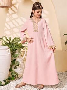 SHEIN Tween Girls' V-Neck Long Sleeve Dress, Traditional Arabian Robe With Golden Sash, Spring/Summer - Pink - View 4