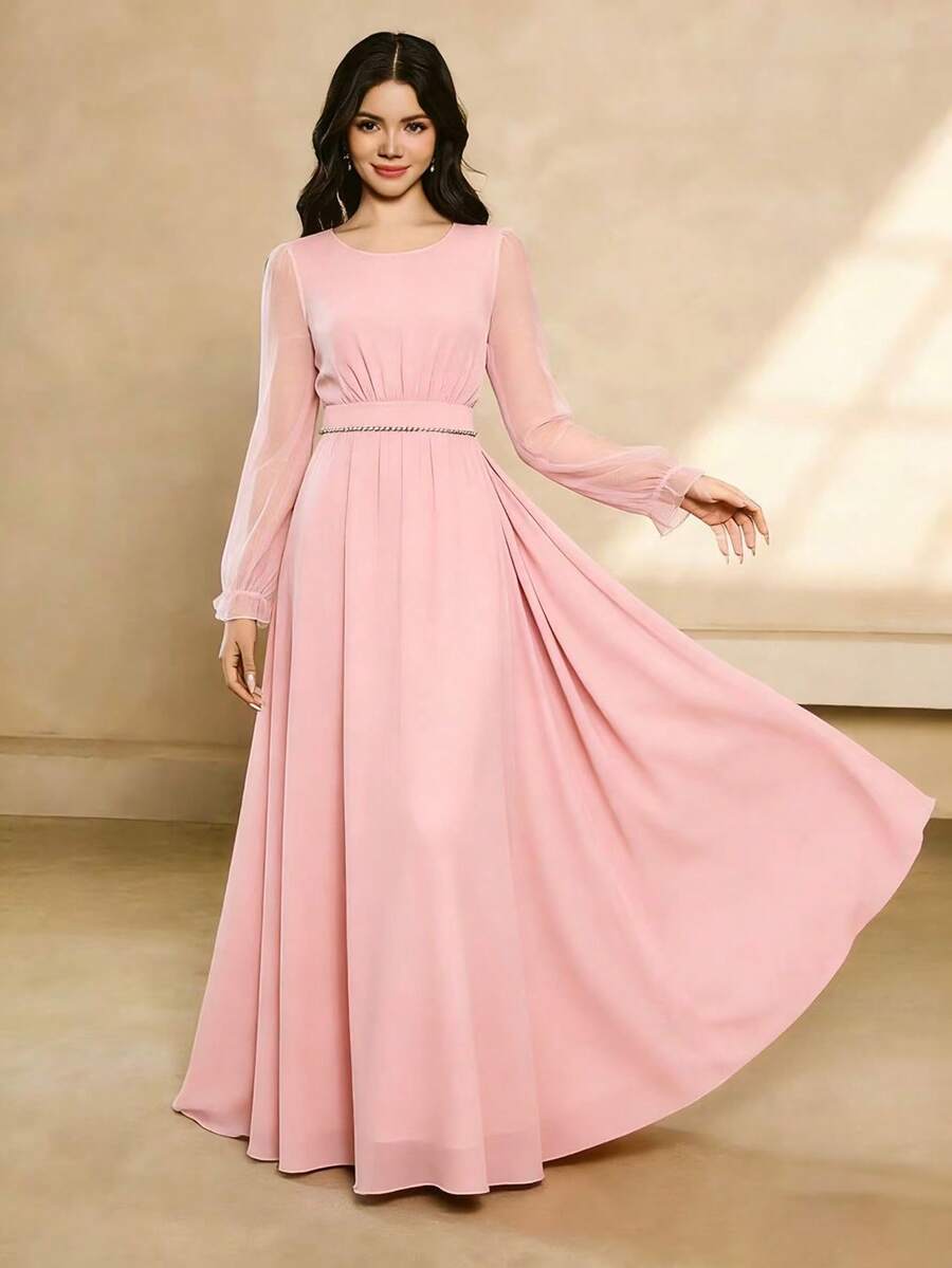 Elegant Chiffon Long Sleeve Pearl Decor Long Dress For Teenage Girls, Suitable For Wedding, Prom, Birthday Party, Christmas, Halloween, Back To School, Graduation