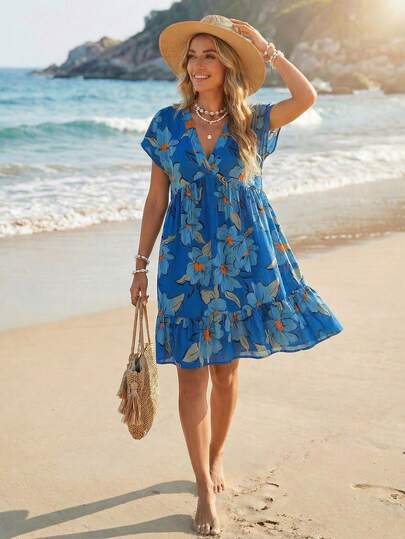 Sylviya Women's Casual Floral Print Ruffle Hem Vacation Dress, Spring/Summer Holiday