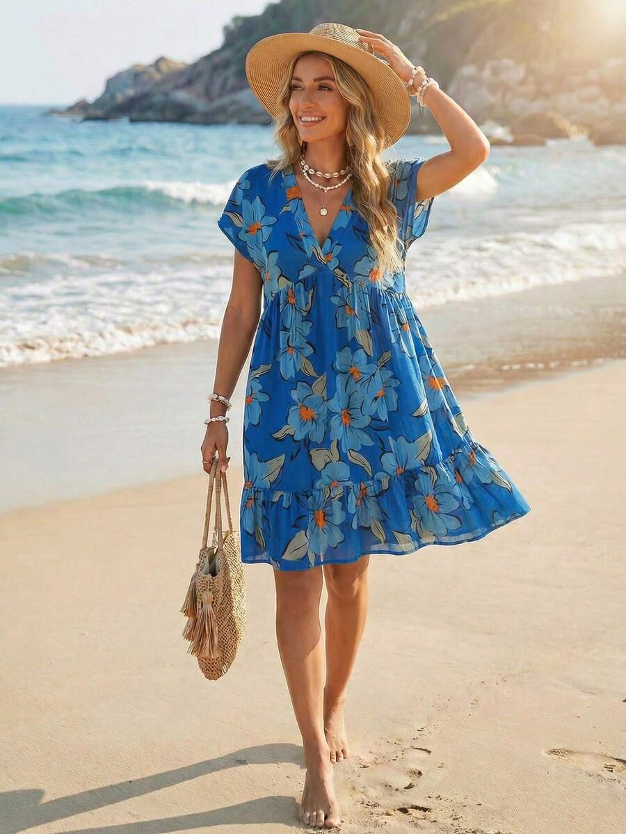 Sylviya Đầm nữ kiểu dáng thường ngày in hoa, xếp ly, thích hợp cho kỳ nghỉ xuân/hè.