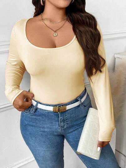 Elenzga Büyük Beden Kadınlar İçin Düz Renkli Yuvarlak Yaka Uzun Kollu Günlük Tişört