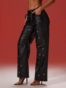 Denimoi Faux Leather Studded Staight Leg Pants Fashion Statement Pants GNO CLubwear Going Out Concert