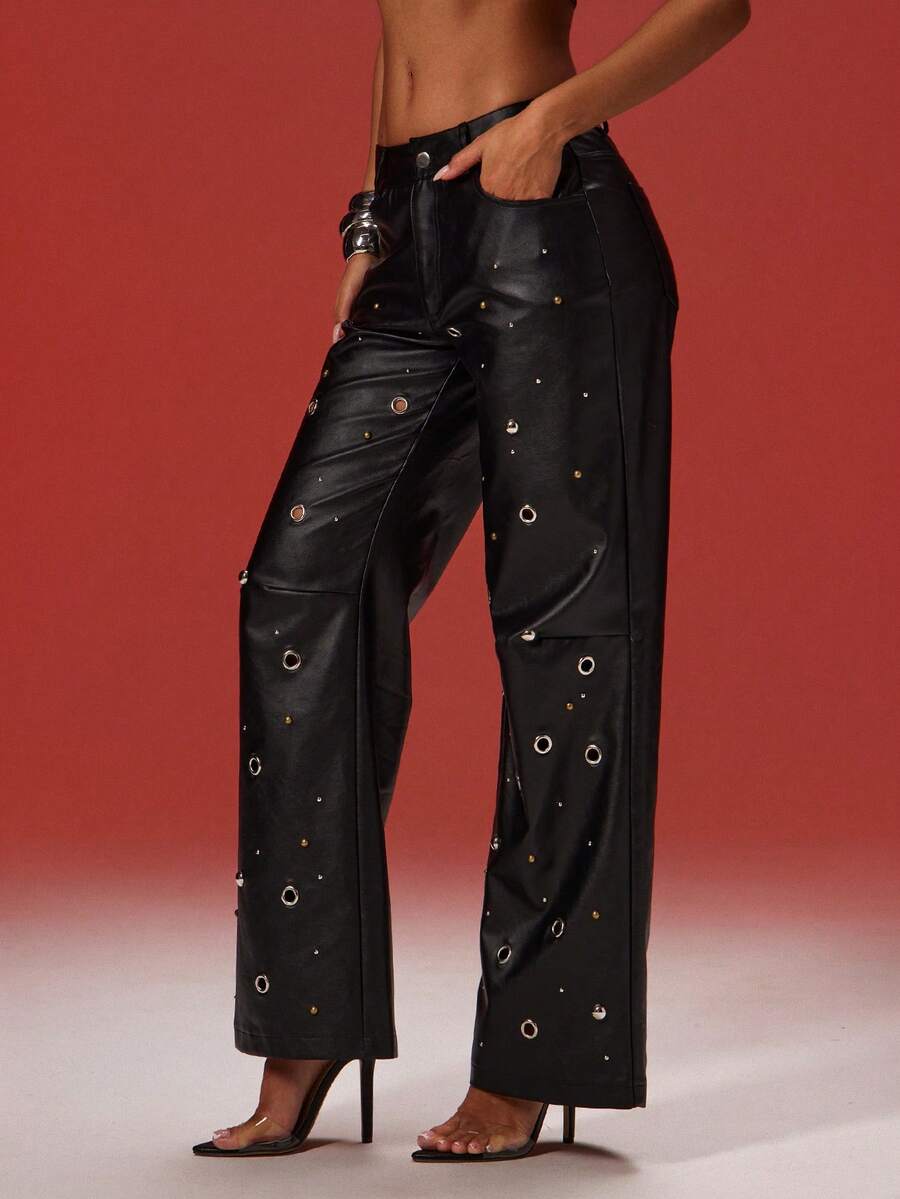 Denimoi Faux Leather Studded Staight Leg Pants Fashion Statement Pants GNO CLubwear Going Out Concert