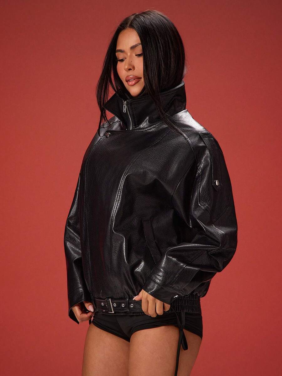 Denimoi Women's Fashionable Black Stand Collar Jacket, Autumn - Black - View 1