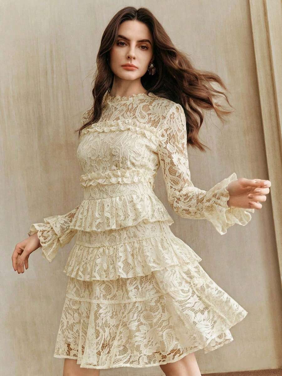 Anewsta 优雅女士蕾丝荷叶边拼接性感蕾丝连衣裙，圆领长袖，优雅通勤连衣裙，花卉图案，可能与产品图片略有不同，适合秋季、冬季、春季、新年、派对、婚礼、时尚、正式、工作、感恩节、毕业典礼、圣诞节、节日等场合。 - 杏色 - 查看 1