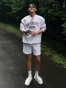 DAZY Men's Grey Thick Letter Print Pullover Pullover Sweatshirt Set, Spring/Autumn - Grey - View 1