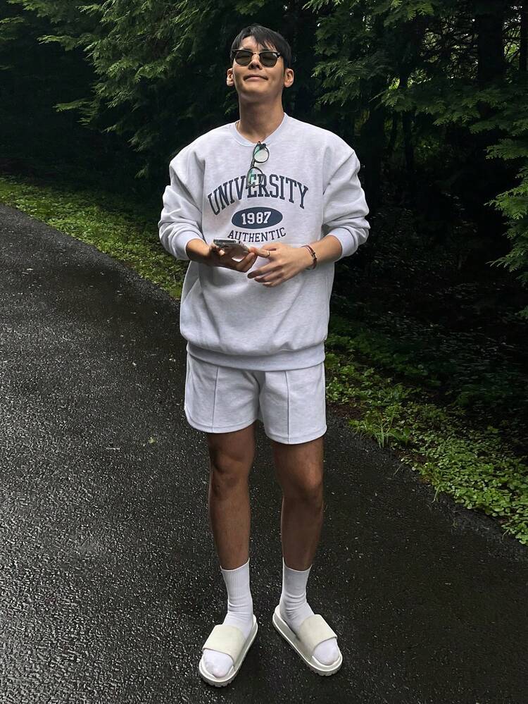 Men's Grey Thick Letter Print Pullover Pullover Sweatshirt Set, Spring/Autumn
