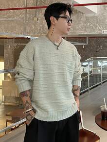 DAZY Men's Textured Jacquard Crew Neck Sweater With Patch Pockets, Light Grey, Autumn/Winter - Light Grey - View 1