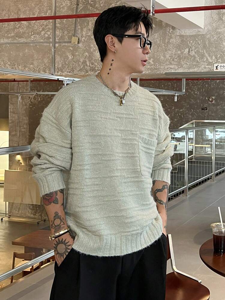 Men's Textured Jacquard Crew Neck Sweater With Patch Pockets, Light Grey, Autumn/Winter
