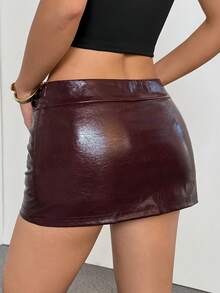 SHEIN PETITE 女士酒红色时尚性感派对PU皮带扣超低腰迷你裙裤，皮质迷你裙，夜店下装，夜店下装，酒红色裙子，派对下装，皮裙，冬季下装，万圣节下装，圣诞节下装，新年下装，皮带裙，皮裙，性感裙子，女士裙子，女士短裙，女士裙子 - 酒紅色 - 查看 2