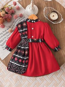 SHEIN Baby Girl Floral Retro Print Shawl Collar Casual Dress, Suitable For Daily, Vacation Wear, Spring/Autumn - Red - View 2
