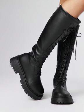 Goth Casual Minimalist Thick Sole Lace-Up Women's Mid-Calf Boots For Christmas