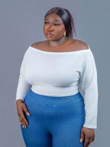 CurvyTilda Plus Size Women's Casual Off Shoulder Short White Long Sleeve T-Shirt Off The Shoulder Crop Top, Fall Top For Women, For Hourglass Body Shape