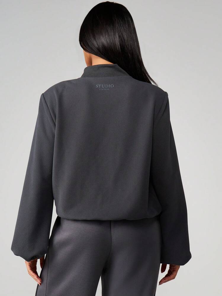 MISSGUIDED Oversized Full Zip Waffle Knit Sweatshirt With Stand Collar And Balloon Sleeves For Women Casual Winter