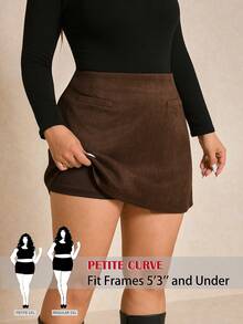 SHEIN PETITE CURVE 大码纯色休闲/工作半身裙，夏季休闲小码曲线款 - 棕色 - 查看 8