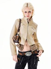 Bloopia Elegant & Fashionable Women's Long Sleeve Zip-Up Jacket - Beige - View 4