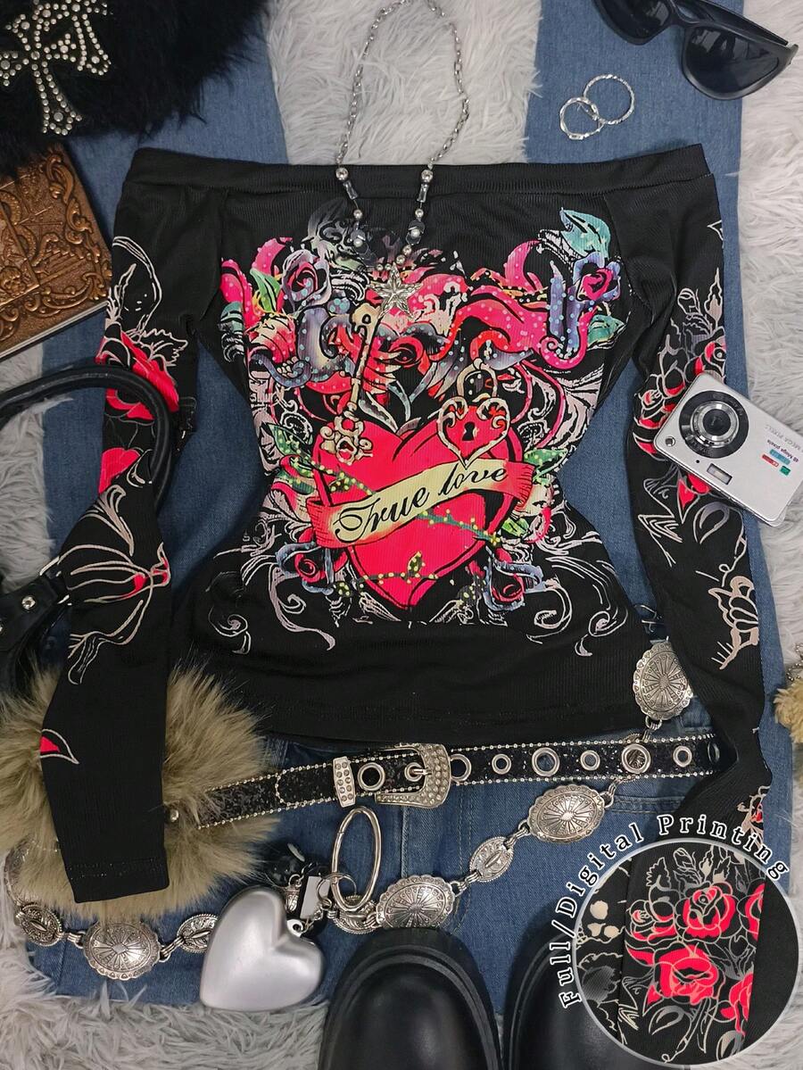 INAWLY 女士 Y2K 单线印花长袖上衣,“真爱”锁,情人节完美之选,时尚 Y2K 辣妹,颓废摇滚风。 - 彩色 - 查看 1