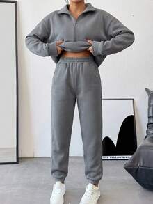 Half Zipper Drop Shoulder Sweatshirt Set With Jogger Pants,Winter,Fleeze - Light Grey - View 3