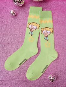 THE POWERPUFF GIRLS X SHEIN 1 Pair Women Cartoon & Letter Graphic Blue Calf Socks - Multicolor - View 4