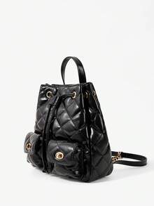 SHECARRY 女士菱形绗缝时尚双肩包，多口袋设计，适合通勤 - 黑色 - 查看 3