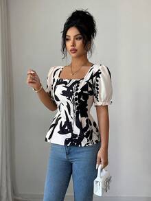 Pariaura 优雅植物印花方领收腰女式衬衫 - 杏色 - 查看 6