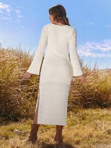 Boho Mama Maternity Apricot Textured Tie-Waist Long-Sleeved Side-Slit Hem Casual Dress - Relaxed Vacation Bohemian Style - Apricot - View 2