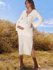 Boho Mama Maternity Apricot Textured Tie-Waist Long-Sleeved Side-Slit Hem Casual Dress - Relaxed Vacation Bohemian Style - Apricot - View 3