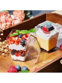 10/20/25/50/100 Peças Taças Quadradas de Sobremesa de 150ml com Tampas - Copos de Festa Transparentes Perfeitos para Uso ao Ar Livre, Ideais para Iogurte, Parafinas, Sorvete, Cheesecakes e Mini Sobremesas - Bandejas de Sobremesa para Aniversário, Casamento, Feriados (Natal, Eid) e Festas | Exibição de Sobremesa Festiva - Transparente - Visão 8