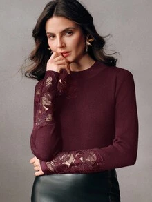 Anewsta 时尚百搭的重磅镂空刺绣花卉修身女式圆领长袖毛衣，适合圣诞节、情人节、婚礼和其他优雅场合。 - 酒紅色 - 查看 3